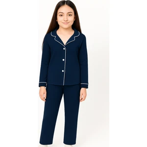 E Çocuk Kız Çocuk Pamuklu Düğmeli Uzun Kollu Pijama Takımı - 1507 -1508