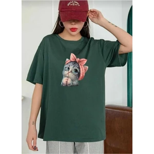 Sevimli Kedi Baskılı Oversize Basic O Yaka Unisex T-Shirt