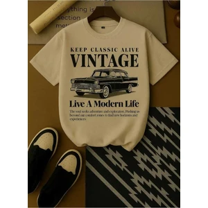 Malkocbey Vintage Araba Baskılı Oversize Basic O Yaka T-Shirt