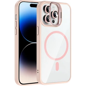 iPhone 14 Pro Max Kılıf Standlı ve Kamera Lens Hediyeli M-Safe Şarj Özellikli Sah Etro Kapak - Pemb