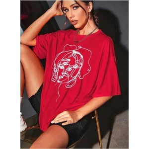 Malkoçbey Kadın Yüz  Figür Detaylı Basic Oversize Unisex  T-Shirt