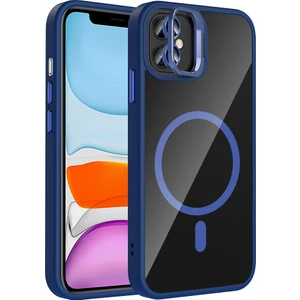 iPhone 11 Kılıf Standlı ve Kamera Lens Hediyeli M-Safe Şarj Özellikli Sah Etro Kapak - Lacivert