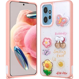 Xiaomi Redmi Note 12 4g Kılıf Parlayan Sıvılı Simli Kabartma Figürlü Kflg Cevze Kapak-Pembe