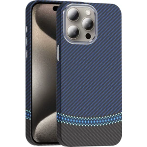 iPhone 15 Pro Kılıf Magsafe Şarj Özellikli Karbon Fiber Görünümlü Kflg Gros Kapak - Siyah-Lacivert