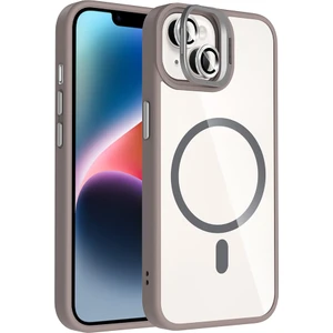 iPhone 14 Kılıf Standlı ve Kamera Lens Hediyeli M-Safe Şarj Özellikli Kflg Etro Kapak - Gri