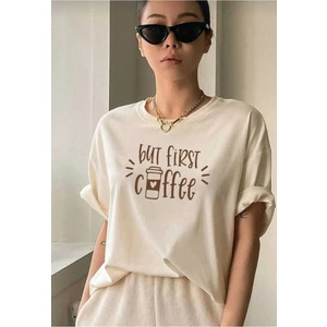 But First Coffee Baskılı Overize Basic O Yaka T-Shirt