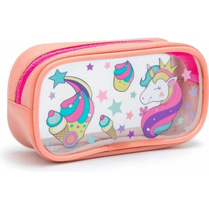 01112 Pembe Renk Unicorn Desenli Şeffaf Su Geçirmez Tek Bölmeli Kalem Kutusu