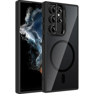 Galaxy S22 Ultra Kılıf Standlı ve Kamera Lens Hediyeli M-Safe Şarj Özellikli Sah Etro Kapak - Siyah