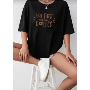 But First Coffee Baskılı Overize Basic O Yaka T-Shirt