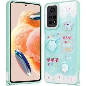 Xiaomi Redmi Note 12 Pro 4g Kılıf Parlayan Sıvılı Simli Kabartma Figürlü Kflg Cevze Kapak-Yeşil