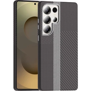 Galaxy S25 Ultra Kılıf M-Safe Şarj Özellikli Karbon Fiber Görünümlü Kflg Gros Kapak - Gri-Siyah