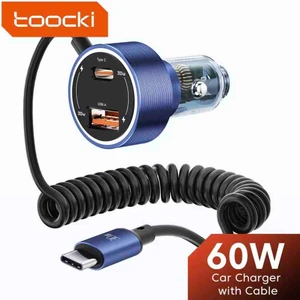 Toocki 60W Yaylı Şarj Kablolu 3 Girişli Type-C ve Usb Hızlı CE+Rohs Lisanslı Orjinal Sağlam Araç Şarjı