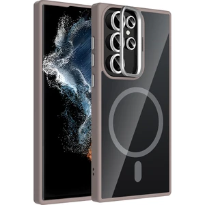 Galaxy S23 Ultra Kılıf Standlı ve Kamera Lens Hediyeli M-Safe Şarj Özellikli Kflg Etro Kapak - Gri