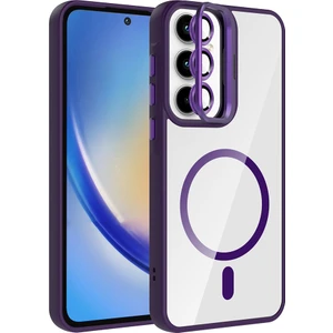 Galaxy A55 Kılıf Standlı ve Kamera Lens Hediyeli M-Safe Şarj Özellikli Kflg Etro Kapak - Derin Mor