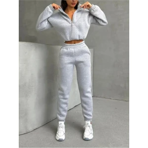 Fermuarlı Lastikli Üç Iplik Şardonlu Crop Eşofman Takım