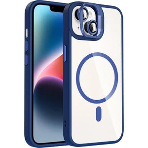 iPhone 14 Kılıf Standlı ve Kamera Lens Hediyeli M-Safe Şarj Özellikli Kflg Etro Kapak - Lacivert