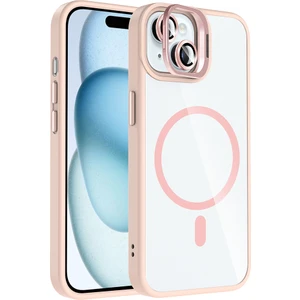 iPhone 15 Kılıf Standlı ve Kamera Lens Hediyeli M-Safe Şarj Özellikli Kflg Etro Kapak - Pembe