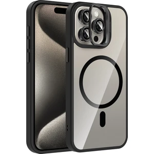 iPhone 15 Pro Max Kılıf Standlı ve Kamera Lens Hediyeli M-Safe Şarj Özellikli Kflg Etro Kapak - Siya