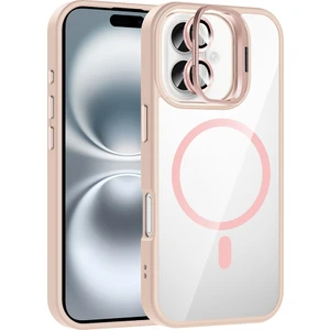 iPhone 16 Kılıf Standlı ve Kamera Lens Hediyeli M-Safe Şarj Özellikli Kflg Etro Kapak - Pembe