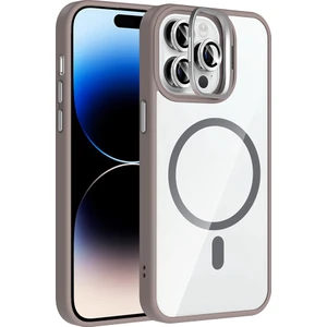 iPhone 14 Pro Max Kılıf Standlı ve Kamera Lens Hediyeli M-Safe Şarj Özellikli Kflg Etro Kapak - Gri