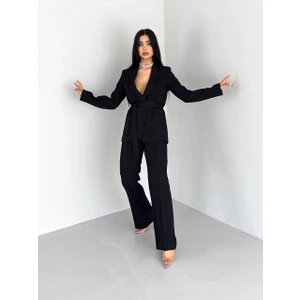 Kadın Ikili Kuşaklı Blazer Ceket Pantolon Takım