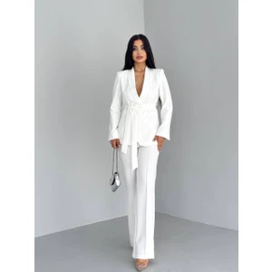 Kadın Ikili Kuşaklı Blazer Ceket Pantolon Takım