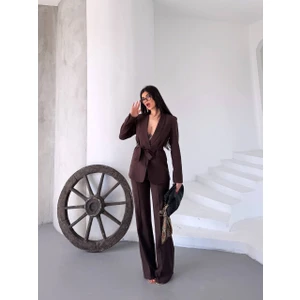 Kadın Ikili Kuşaklı Blazer Ceket Pantolon Takım