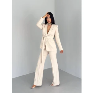 Kadın Ikili Kuşaklı Blazer Ceket Pantolon Takım