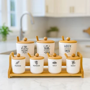 Ahşap Kapaklı 7' Li Seramik Baharat Takımı Kaşıklı Standlı Şık Tasarım