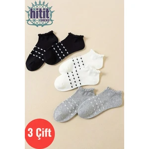 Hitit Socks Kadın 3 Çift Premium Kalite Kalp Desenli Volanlı Patik