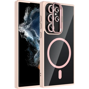 Galaxy S22 Ultra Kılıf Standlı ve Kamera Lens Hediyeli M-Safe Şarj Özellikli Arth Etro Kapak - Pembe