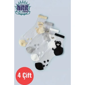Hitit Socks Kadın 4 Çift Premium Kalite Sevimli Kedi Desenli Tül Çorap