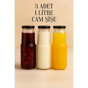 3 Adet 1 Litre Şeffaf Sürahi Süt, Ayran, Su, Limonata, Meşrubat Şişesi Metal Siyah Kapaklı Cam Şişe