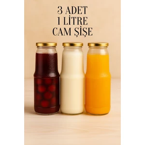3 Adet 1 Litre Şeffaf Sürahi Süt, Ayran, Su, Limonata, Meşrubat Şişesi Metal Gold Kapaklı Cam Şişe