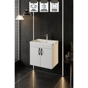 Karen Banyo Ege 60 Cm, Lavabolu Alt Banyo Dolabı, Kapaklı Banyo Alt Dolabı, Seramik Lavabo Dahil