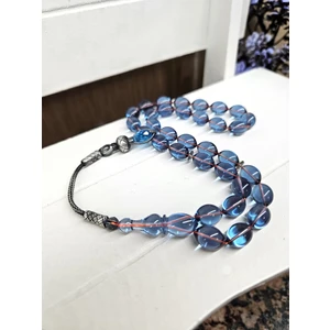 Ateş Kehribar Tesbih , Yazılı Ahşap Kutu, Gümüş Kazaziye Püskül, 8X12MM Tespih, mavi , Ustaişi