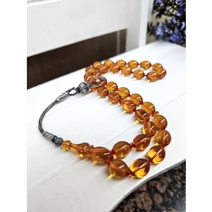 Ateş Kehribar Tesbih , Yazılı Ahşap Kutu, Gümüş Kazaziye Püskül, 8X12MM Tespih,