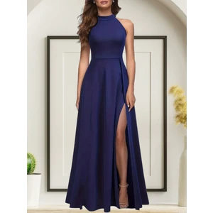 Gökyüzü Moda Kadın Halter Yaka Derin Yırtmaç Detaylı Tam Boy Janjan Krep Abiye Elbise