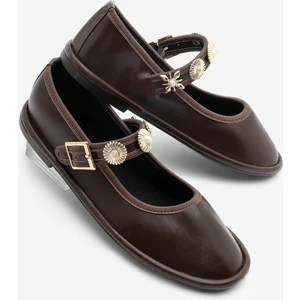 Kadın Bantlı Gold Tokalı Babet Semura Kahve