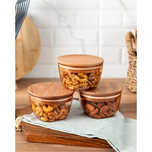 Madame Coco Florian 380 ml Ahşap Kapaklı Hava Geçirmez Saklama Kabı - 3'lü Set, Sızdırmaz Tasarım, Çok Amaçlı Kullanım, Amber Renk