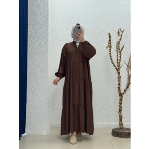 Yazlık Tesettür Elbise/melina Düğmeli Çilek ELBISE-KN9658 Kahve