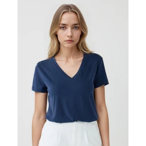 Jimmy Key Lacivert Düz Kesim V Yaka Kısa Kollu Basic Örme Tişört