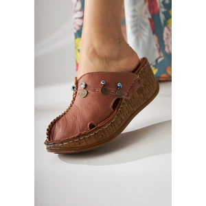 Hakiki Deri Annika Lila Antik Detaylı Dolgu Sabo Terlik