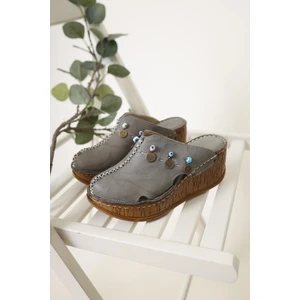 Hakiki Deri Annika Gri Antik Detaylı Dolgu Sabo Terlik