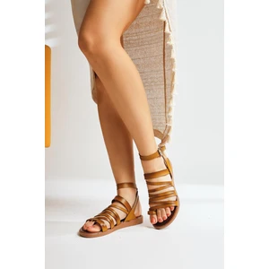 Hakiki Deri Theodora Bantlı Hardal Sandalet
