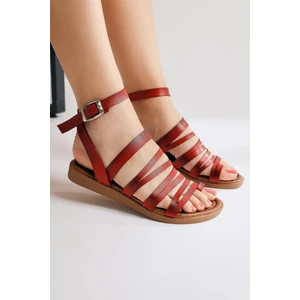 Hakiki Deri Theodora Bantlı Kırmızı Sandalet