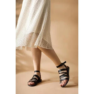 Hakiki Deri Theodora Bantlı Siyah Sandalet