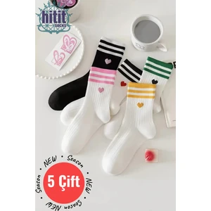 Hitit Socks Kadın 5 Çift Premium Kalite Çizgili Kalp Işlemeli Tenis Soket