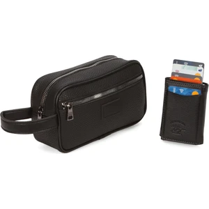 Erkek Deri Portföy Traş Kozmetik Bakım Günlük El Çantası ve Mekanizmalı Cüzdan NEW269 - Siyah