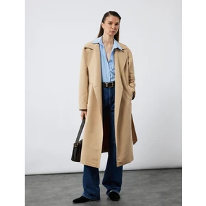 Uzun Kollu Cep Detaylı Kruvaze Yaka Oversize Kemerli Uzun Trençkot